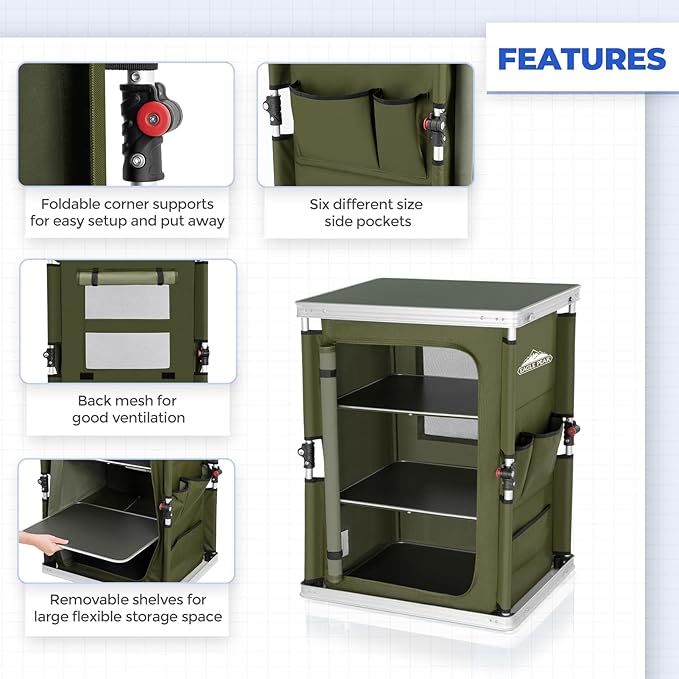 EAGLE PEAK Outdoor Folding Camping Table with Large 3-Tier Storage Organizer and Side Pockets Easy Set Up Portable Aluminum Camping Kitchen Green