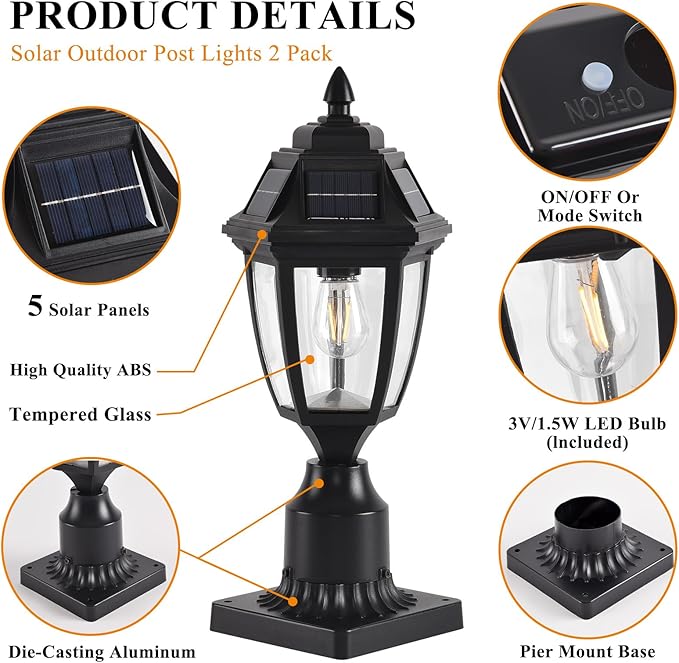 Solar Outdoor Post Lights 2 Pack Dusk to Dawn Outdoor Column Light with Pier Mount Base Black Exterior Solar Powered Pole Light for Outside Porch Yard Pathway Driveway