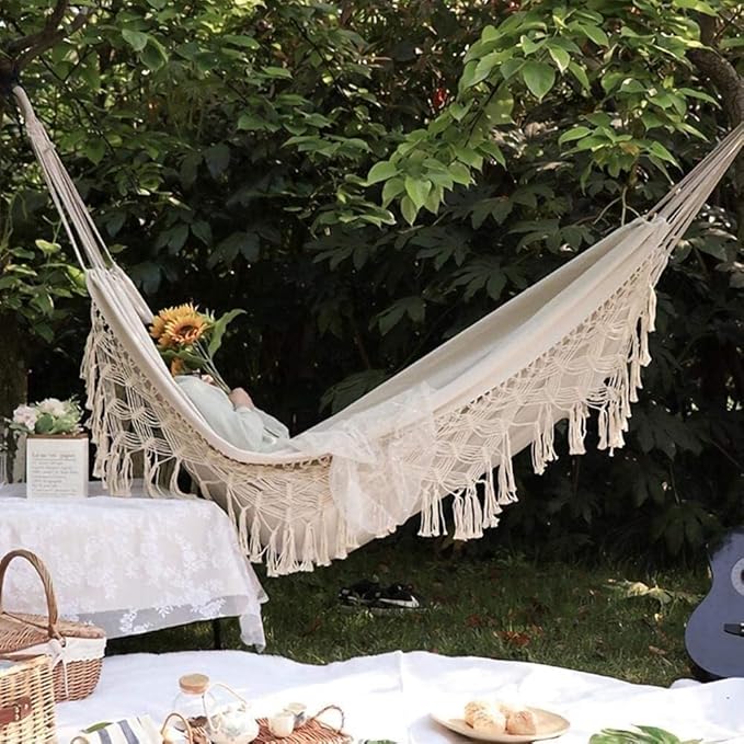 Deluxe Double Hammock Canvas Macrame Fringed Net Swing Chair Portable Hanging Swing Hammock for Camping Bedroom Garden Patio and Porch