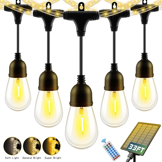 33FT Solar String Lights Outdoor Waterproof with USB Port &amp Remote Control Solar Patio Lights Long Last for 20+Hrs Dimmable Solar Power LED Shatterproof Bulbs solar lights for Camping Backyard Gar