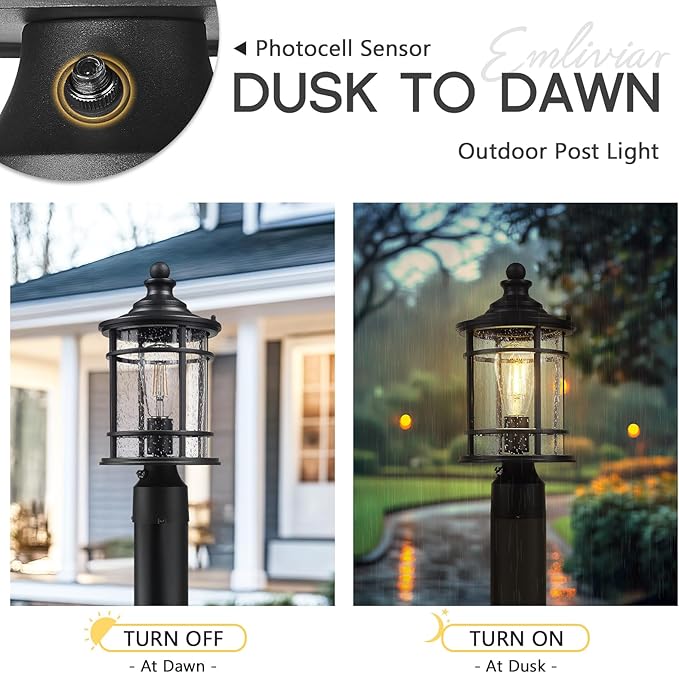 Emliviar 14.9 Inch Dusk to Dawn Outdoor Lamp Post Light Black Pole Light Fixture with Photocell Sensor Outdoor Post Lantern with Seeded Glass Shade XE229P PC BK