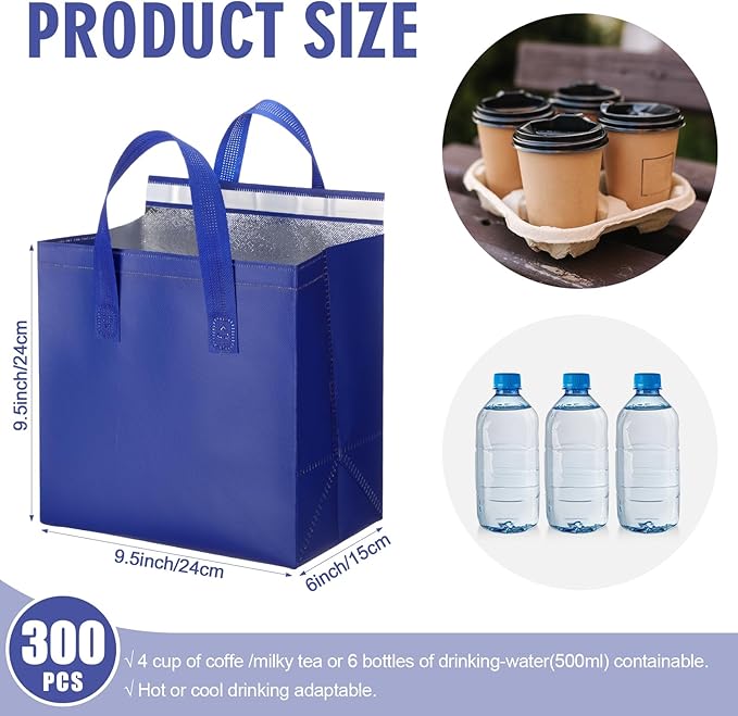 300 Pack Insulated Bags Bulk for Food Delivery 9.5 x 9.5 x 6 Thermal Take Away Bag for Hot Cold Food Coffee Milk Pizza Seafood Disposable Grocery Bag for Catering Restaurant(BlueBlack)