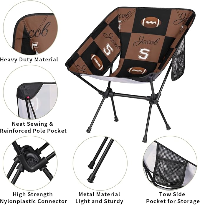Custom Camping Chair Personalized Portable Backpacking Chair with Name Lightweight Folding Chair for Beach Hiking Football Theme