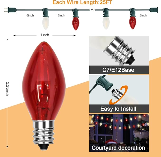C7 LED Red and Frosted White Christmas Lights 25FT Outdoor Christmas Decorations String Lights with 27 Shatterproof LED Bulbs Hanging Vintage Christmas Light for Outdoor Garden Wedding Roofline Patio