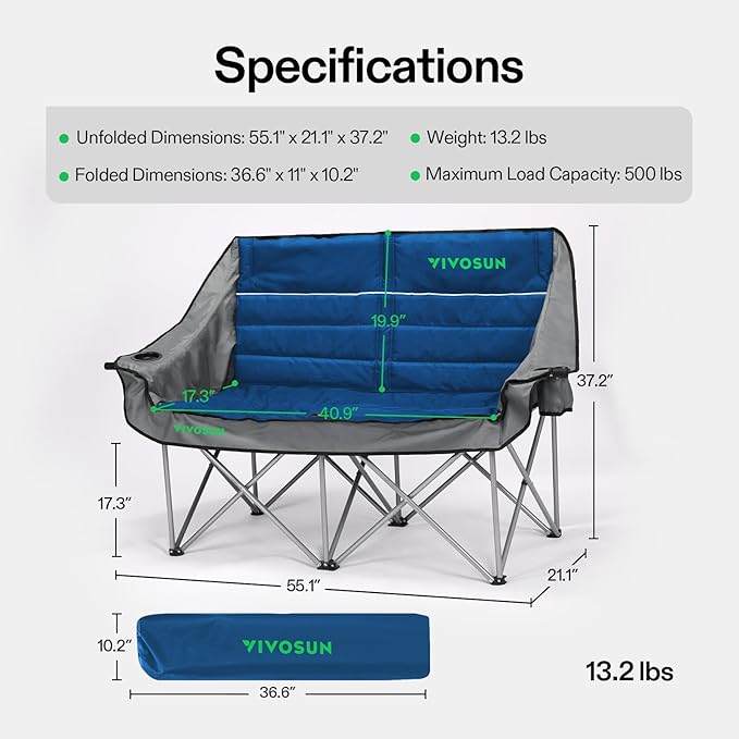 VIVOSUN Double Camping Chair Fully Padded Folding Loveseat Oversized Duo Chair with Cup &amp Wine Glass Holders Pocket Armrests &amp Carry Bag
