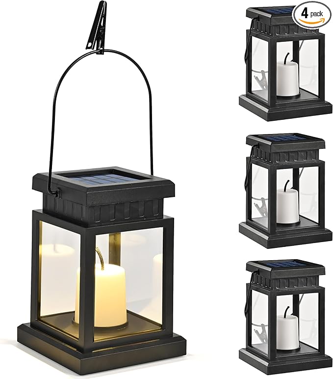 GIGALUMI Solar Lanterns Outdoor Waterproof 4 Pack Hanging Solar Lanterns for Outside Candle Effect Outdoor Lights for Pathway Garden Patio Lawn Porch Gazebo Tent Tree Yard(Constant Lights)