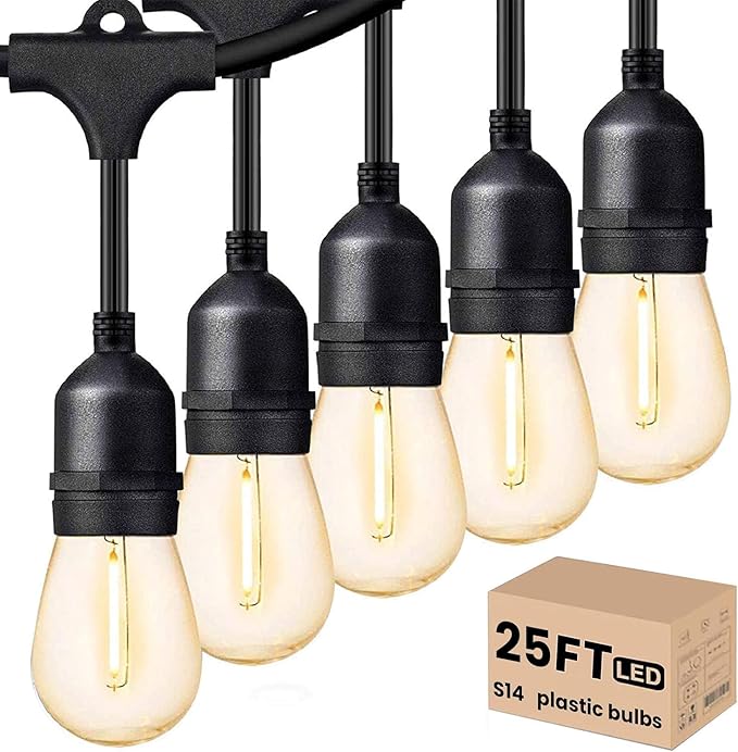 Svater Outdoor Led String Lights 25 FT Patio Lights for Outside with 9pcs S14 Shatterproof Bulbs 1 Watt E26 Dimmable IP65 Waterproof Commercial Grade Bistro Light 2700K Warm White