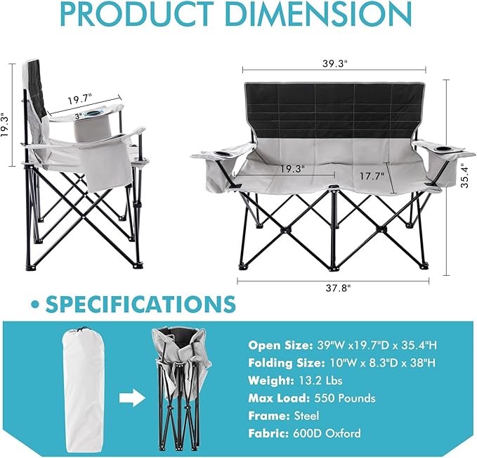 Double Camping Chair for Adults Folding Loveseat 2 Person Camping Couch with Cooler Bag Heavy Duty Oversized Lawn Chair Support 550 lbs for Outdoor Sports Fishing Beach Travel Picnic Gray