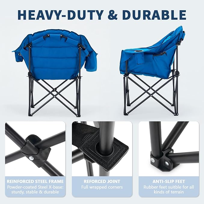 NAIZEA Padded Camping Chairs with Cooler Bag Folding Camping Chair for Adults Outdoor Heavy Duty Heated Lawn Chair for Camp Garden Firepits Patio &amp More