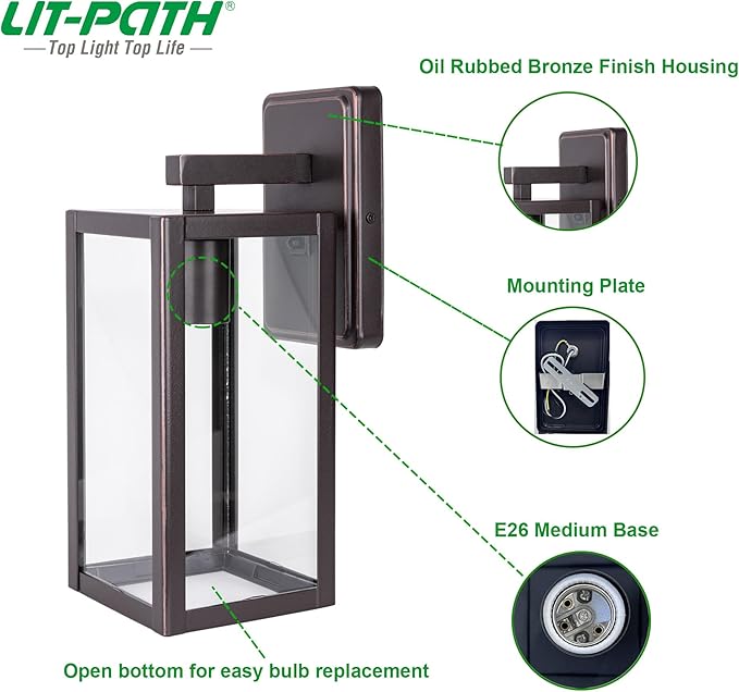 LIT-PaTH Outdoor Wall Lantern Wall Sconce as Porch Lighting Fixture E26 Medium Base Max 60W Anti-Rust Metal with Glass Shade Oil Rubbed Bronze Finish 2-Pack