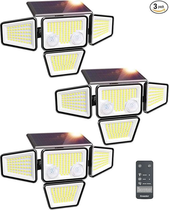 Ensenior Solar Lights Outdoor Motion Sensor Outdoor Light with Remote Control IP65 Waterproof 279 LED 4 Heads Solar Security Light with 4 Mode 270° Wide Angle Solar Flood Light for outdoor 3 Packs