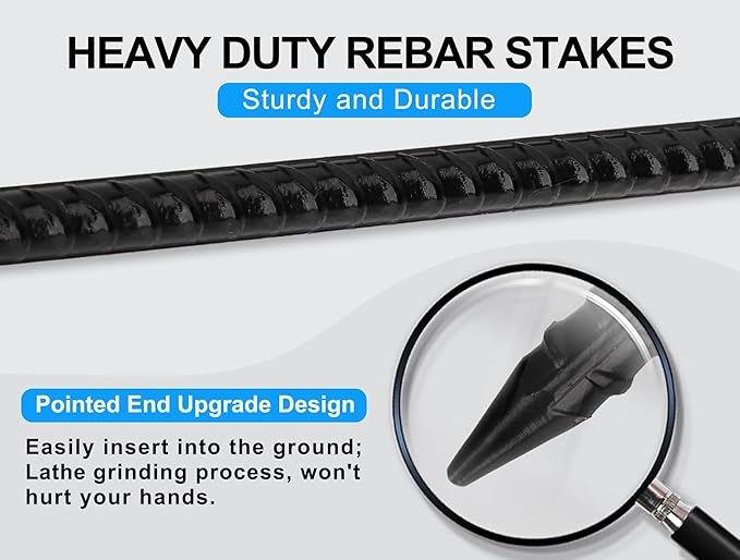 RIY Tent Stakes Heavy Duty High Wind Ground Anchors 12 Inch Galvanized Steel Rebar Stakes for Tent Dog Fence Trampoline Yard Decorations U Shaped 16 Pack Black