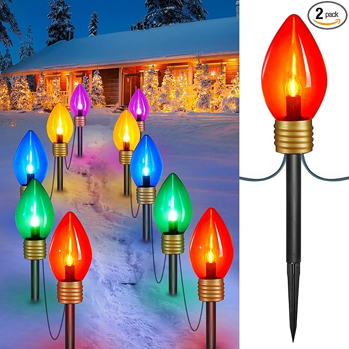 Christmas Lights Jumbo C9 Outdoor Lawn Decorations with Pathway Marker Stakes 2 Pack 8.5 Feet String Lights Covered Jumbo Multicolored Light Bulb for Holiday Outside Yard Garden Decor 10 Lights