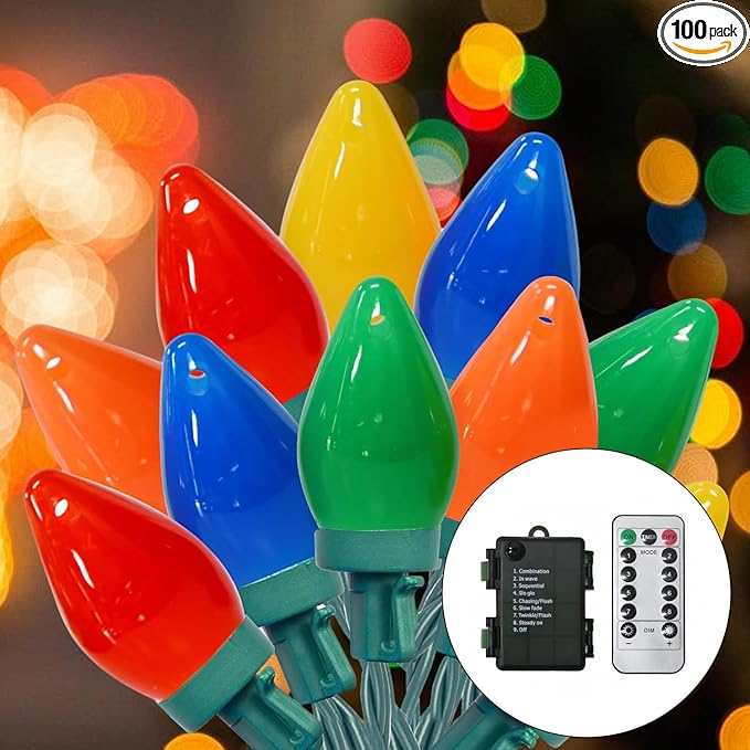 100LED C7 Christmas Lights Battery Operated Outdoor with 8 Mode Remote Control 2 Sets 27.5FT 50 Twinkle Big Christmas Lights for Colored Xmas Tree Home Garden Patio Decorations