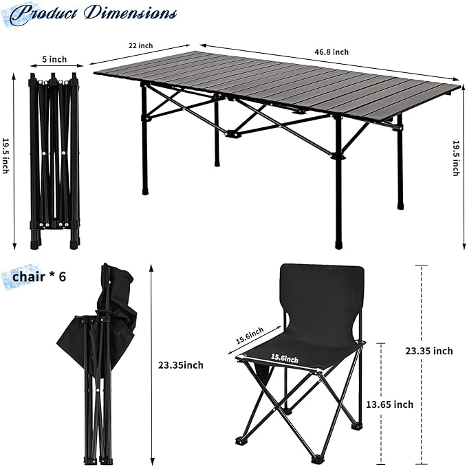 Camping Table Folding Portable Camp Table with 6 Chairs Folding Picnic Table with Carry Bag Indoor Outdoor for Camping Beach Patio RV Backyard BBQ Sturdy Stable Easy to Carry Black