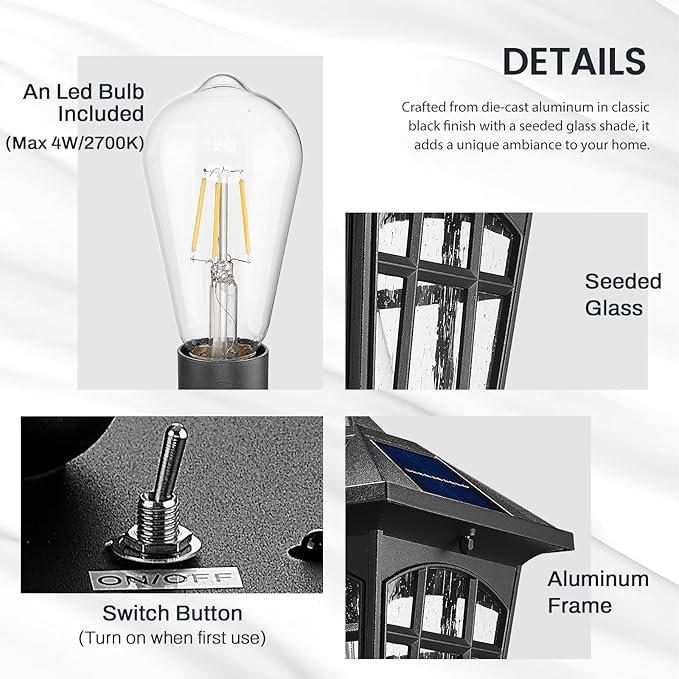 zeyu Solar Outdoor Front Porch Light Large Outdoor Wall Mounted Light with Remote Die-Cast Aluminum with Seeded Glass Shade Black Finish ZYX113B-M SL BK