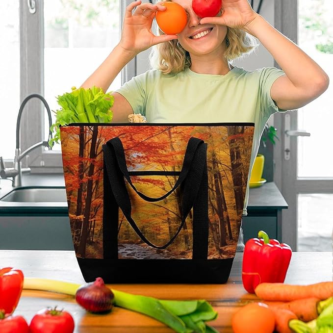 Insulated Shopping BagLarge Reusable Cooler Bags Fall Foliage Printed Foldable Shopping BagTravel Waterproof Shoulder Bag