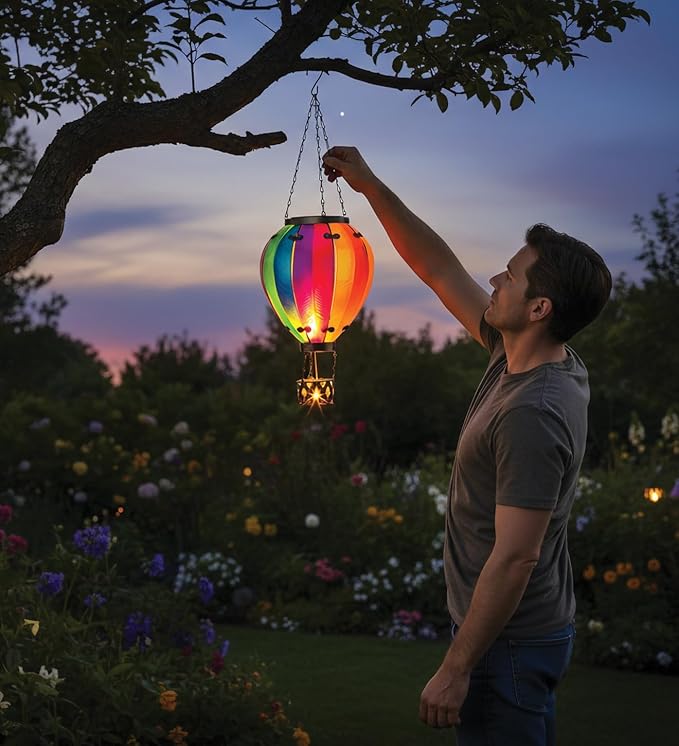 Regal Art &amp Gift 23.5 Inch Hot Air Balloon Solar Lantern – Hanging Solar-Powered LED Lights Waterproof Portable Decorative Outdoor Lamp Made of Metal &amp Glass for Garden Patios &amp Pathway