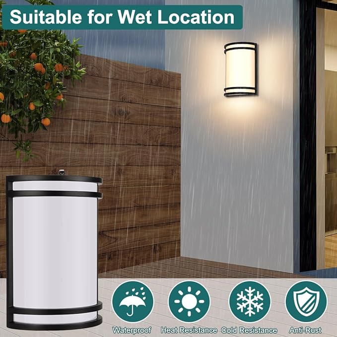 kadision Dusk to Dawn LED Wall Sconce 3000K/4000K/5000K 3-Color Adjustable 15W 1200lm 120V Half-Cylinder Outdoor Light Fixture Front Porch Light Aluminum Frame ETL Listed 1-Pack