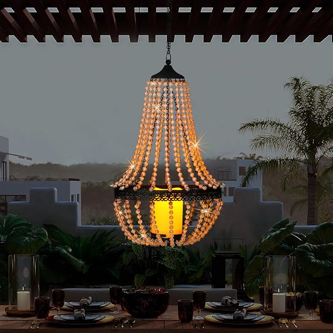 Hanging Candle Lantern Outdoor 27” Battery Operated Modern Clear Acrylic Crystal Chandeliers with Flickering Yellow Led Candle Light S Hooks for Garden Backyard Gazebo Room Indoor Indoor Decor