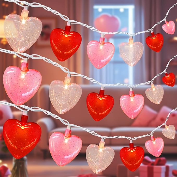 20 LED Valentine's Day Decorations Heart Lights 12Ft Heart String Lights Outdoor Waterproof with 20 LED Red Pink White Hearts Shaped with Glitter for Room Door Windows Fence Valentines Day Decor
