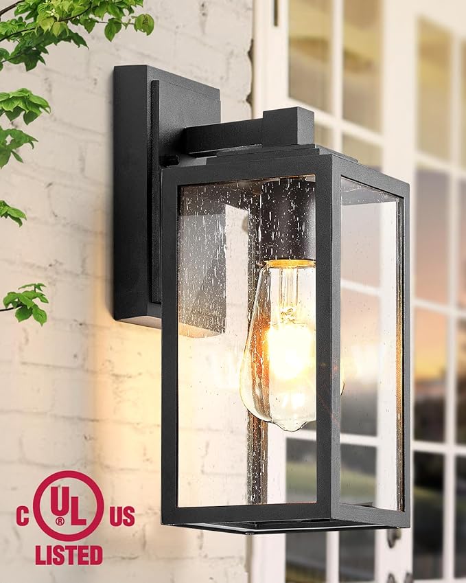 VIANIS 2 Pack Outdoor Wall Lights Exterior Lights for House Lantern Matte Black Waterproof Anti-Rust Outdoor Lights for Porch Garden Doorway Seed Tempered Glass