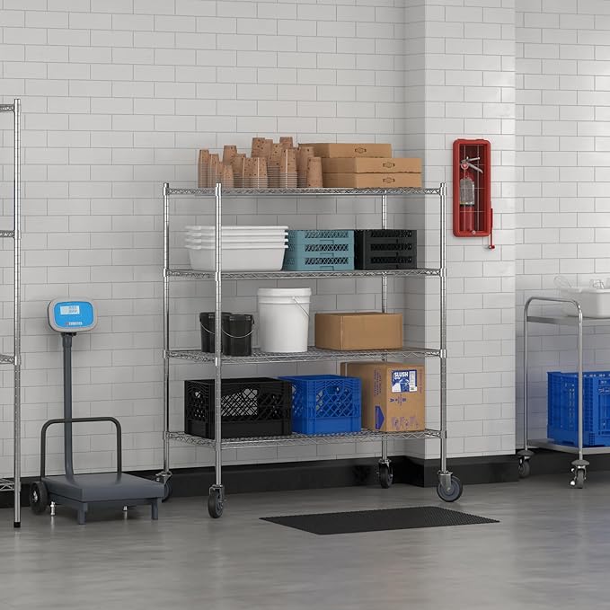 Commercial NSF Listed Chrome Mobile Wire Shelving Kit 24 x 48 x 60 with 4 Shelves Perfect for Warehouse Walk-in Refrigerator Freezer Grocery Store Restaurant Dishroom