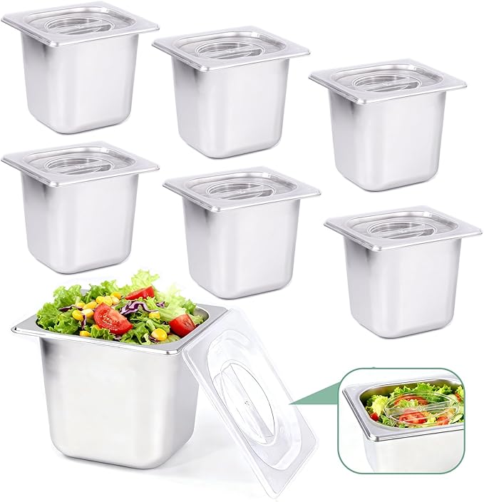 6 Pack Stainless Steam Hotel Pan with Lid 1/6 Size x 6 Inch Deep Table Steam Pan Restaurant Supplies Reusable Anti Rust Catering Storage for Home BuffetParty Restaurant Hotel