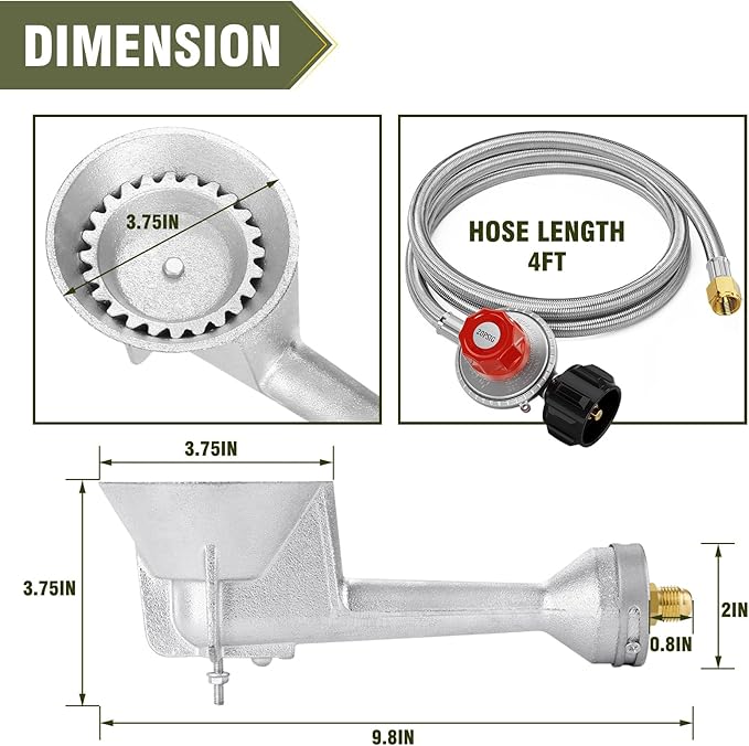 BESTFIRE High Pressure Cast-Iron Propane Burner HeadTaper Burner Head with 20 PSIG Adjustable High Pressure Propane Regulator with Hose and Brass Fitting for Propane Burner Head for Cooking Outdoor