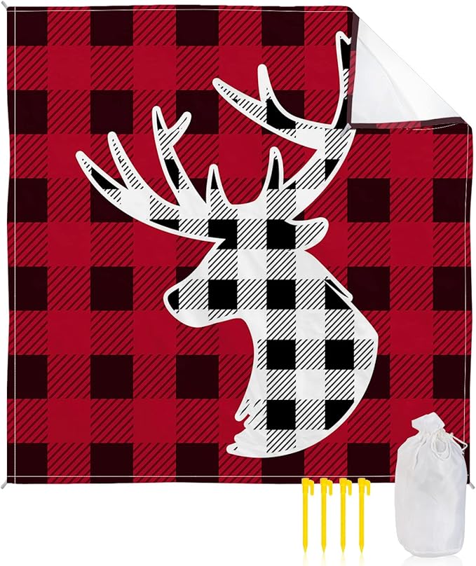 Beach Blanket Waterproof Sandproof Christmas Black White Tartan Deer Quick Drying Beach Mat with 4 Stakes Chic Buffalo Gingham Lightweight Picnic Blanket for Travel Camping Outdoor 83x79
