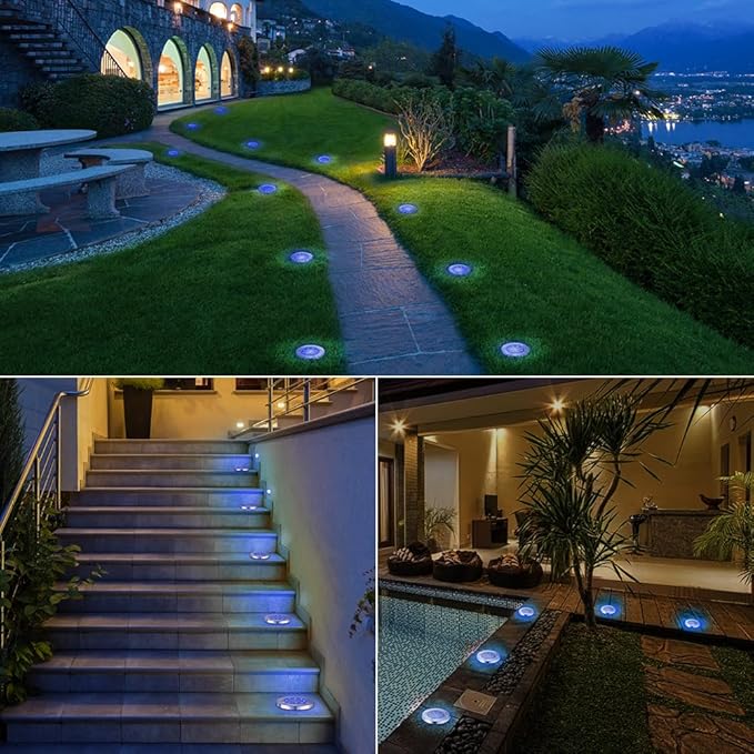 LYHOPE Solar Ground Lights Outdoor 16 Pack 8 LED Solar Disk Lights Waterproof Garden In-ground Pathway Lights Landscape Lighting for LawnYardDeckPatioWalkway (Blue)