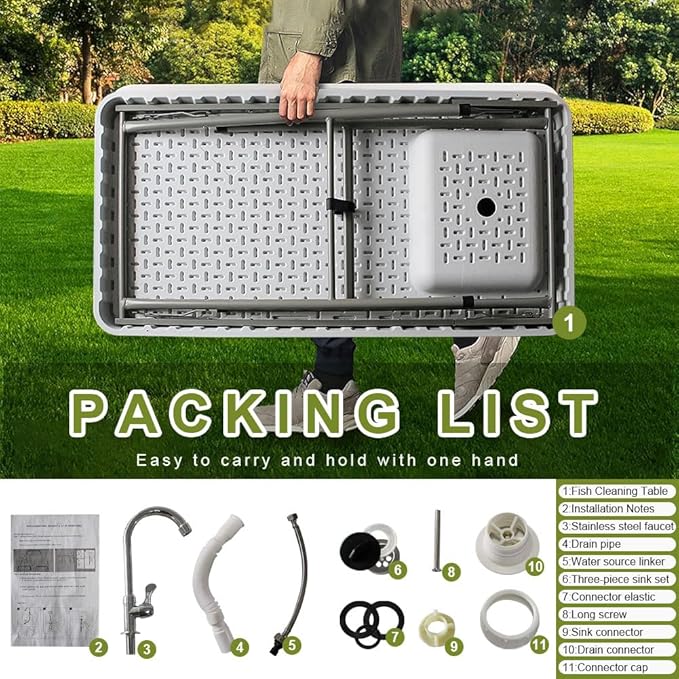 Folding Fishing Cleaning Table with Sink 4ft Portable Foldable Camping Outdoor Table with Faucet for Picnic Camping Kitchen Gardening White
