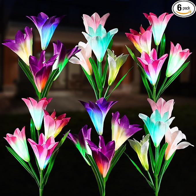 6 Pack Solar Garden Lights Outdoor 7 Color Changing LED Waterproof Solar Powered Lily Flowers Landscape Lights for Outside Yard Patio Pathway Decorative Décor