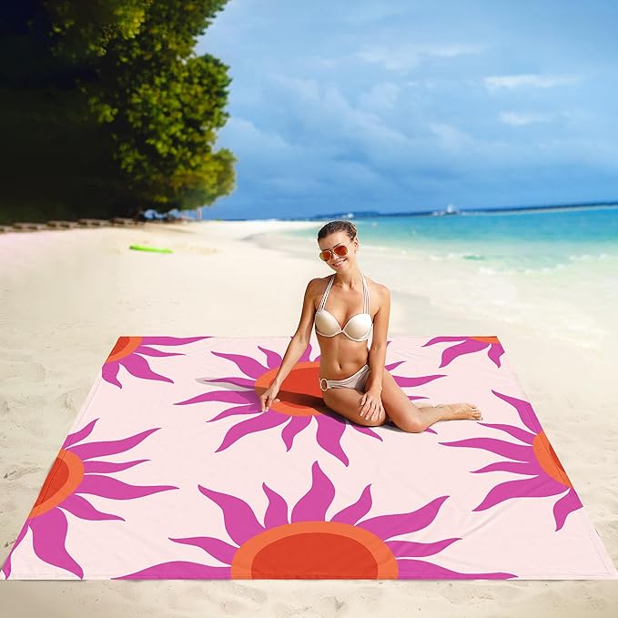 Large Beach Blanket Waterproof Sandproof 9×10 FT Beach Mat Sand Free for 2-8 Adults with Stakes and Sand Pocket Foldable Picnic Blankets for Outdoor Camping Hiking Vacation Essentials-Boho Sunset