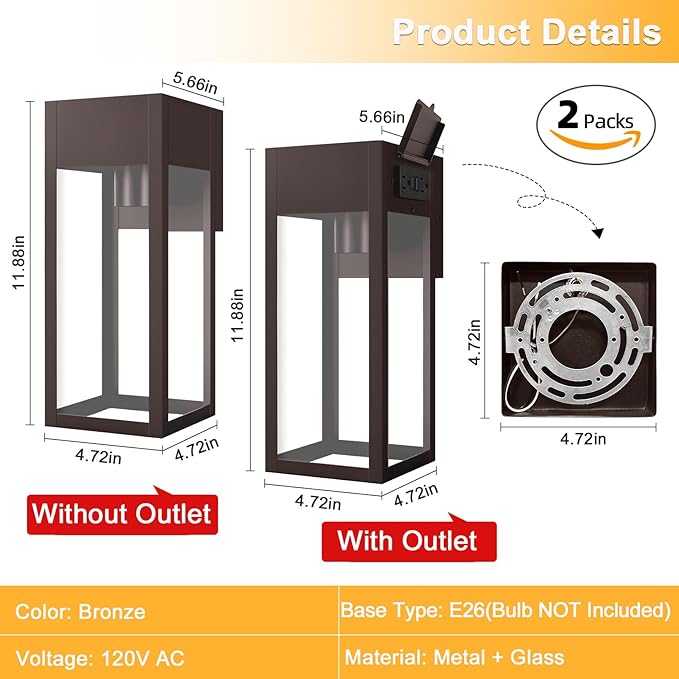 2 Pack Porch Lights Outdoor Wall Sconce Outdoor Light with GFCI Outlet Waterproof Exterior Wall Lantern Light Fixtures Anti-Rust Wall Lamp for Patio Doorway Garage- Oil Rubbed Bronze