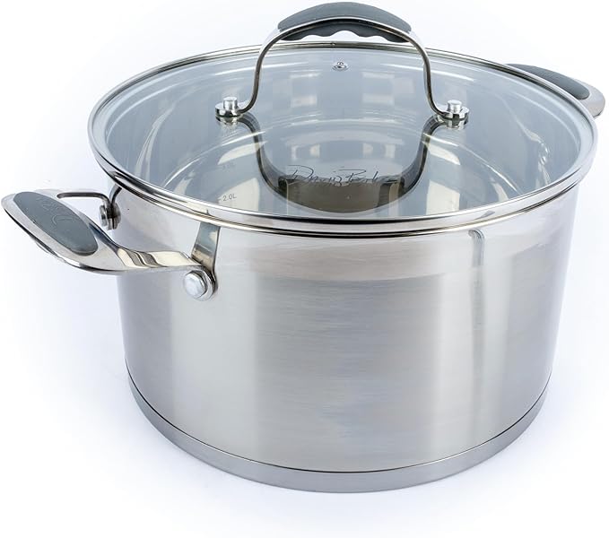 David Burke Stature Stainless Steel 6.25-Quart Dutch Oven with Glass Lid – Side handles Oven Safe - Brushed Gray