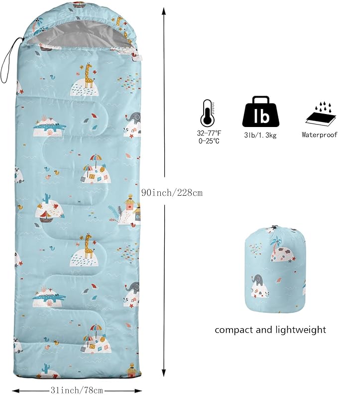 Kids Sleeping Bag for Boys GirlsAnimal Island Print-Lightweight Warm Portable Outdoor Indoor-Waterproof Cold Weather Resistant Sleeping Bag for Camping Hiking(Animal Island)