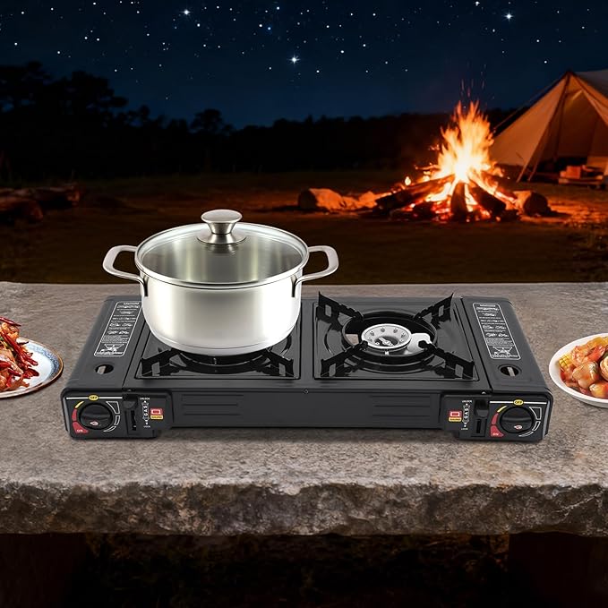 2-Burner Portable Camping Stove Butane Camping Stove Outdoor Travel Camp Stove for Camping BBQ Home (without Grill Tray)