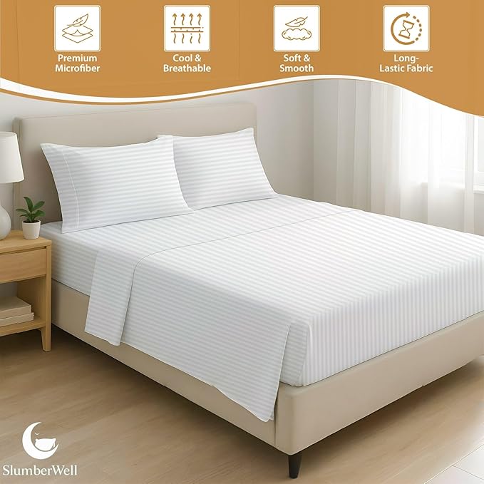 SlumberWell RV Short King Sheet Set 4 Piece Luxury Soft Microfiber Camper Bedding 8–12 Inch Deep Pocket Fits 72x75 Mattress White Stripe