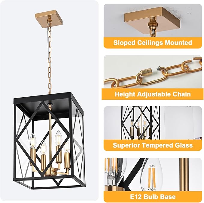 4-Light Outdoor Pendant Lights for Porch 15.7'' Outdoor Chandelier Black &amp Brushed Brass Exterior Hanging Porch Light Fixtures w/Clear Glass Waterproof Outside Pendant Lantern for Front Door