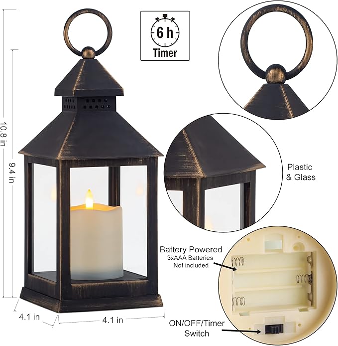 Vintage Golden Brushed Black Lantern Decorative LED Flickering Flameless Candle with Timer Battery Powered LED Decorative Hanging Lanterns for Indoor Outdoor Garden Yard Home Decor(4 Pack)