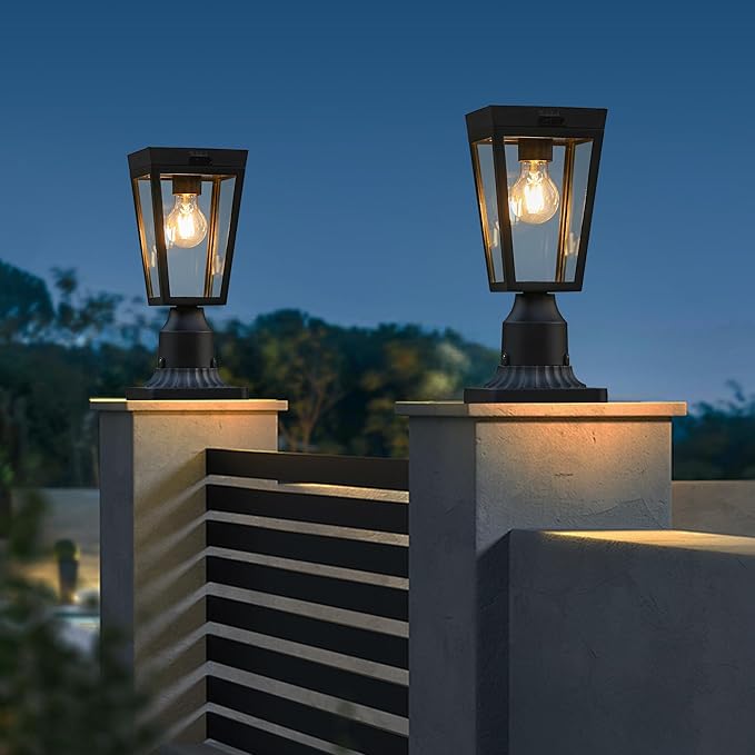 LUTEC Outdoor Solar Lamp Post Light with Pier Mount Base Dusk to Dawn Waterproof Post Light Fixtures Black Solar Powered Aluminum Post Lights for Outside