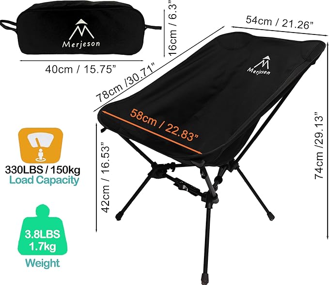 Portable Camping Chair with ReleaseLock Stable Lightweight Camp Ultralight Folding Compact 330lbs Backpacking Foldable Chairs for Outside Beach Picnic Hiking Festival &amp Travel -Black