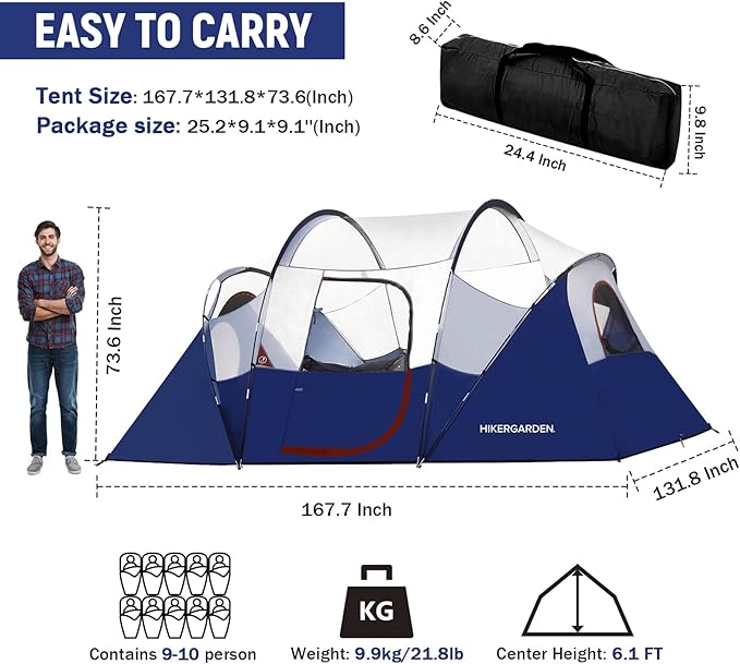 HIKERGARDEN 10 Person Camping Tent - Portable Easy Set Up Family Tent for Camp Windproof Fabric Dome Tent Outdoor for Hiking Backpacking Traveling-14'x11'x74in(H)
