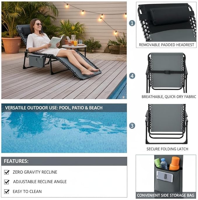 Outdoor Chaise Lounge Chair Folding Tanning Chair with 5-Position Adjustable Backrest Portable Sun Lounger with Carry Handle Side Pocket and Removable Pillow for Beach Pool Patio Camping Gray