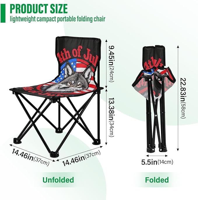 4th of July Independence Day Brown Wolf Compact Portable Chairs for Adults Ultra Lightweight Youth Camping Chair Carry Bag Included Hiking Chairs Backpacking Ultralight for Lawn Indoor