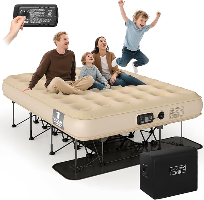 Simpli Comfy Queen EZ Bed Self-Inflating Air Mattress with Built-in Frame Pump and Wheeled Case Blow Up Inflatable Rolling Air Bed on Wheels