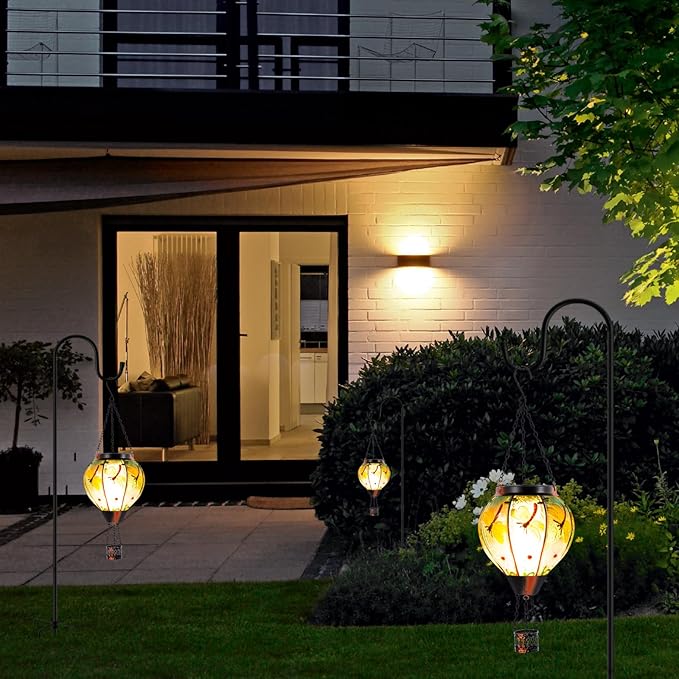 Dragonfly Solar Hot Air Balloon Lantern with Flame Glass Hot Air Balloon Solar Lantern Outdoor Waterproof Decorative Hanging Hot Air Balloon Solar Light for Outside Garden Patio Yard
