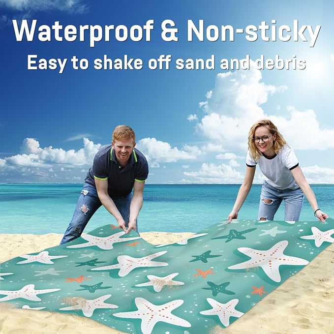 Waterproof Sandproof Beach Blanket 59''×68'' White Polyester Outdoor Picnic Blanket with 4 Stakes &amp Storage Bag for BeachCampingVacation Starfish