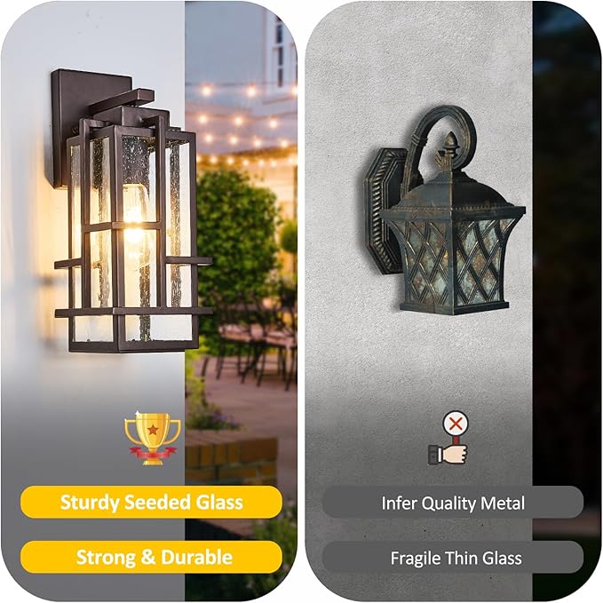 Outdoor Wall Light Fixture with Seeded Tempered Glass Waterproof Outside Wall Coach Lantern with E26 Sockets Brown Large Porch Sconces Lamp for House Patio Garage